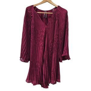 Anthropologie Maroon Toulon Pleated Mini Dress Flowy Size XS Boho-chic Sheer